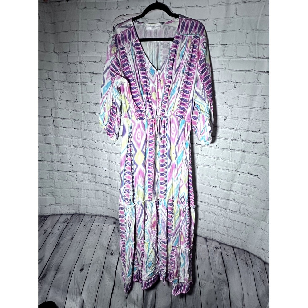 Walker & Wade XL Ikat Print Maxi Dress Pink Blue Boho Resort Wear Rayon Bali